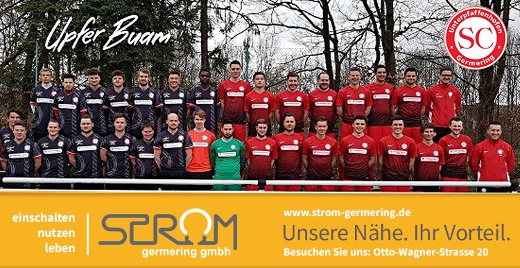 Regionales Engagement - Upfer Buam, SV Unterpfaffenhofen Germering - Mannschaftsbild mit Strom Germering Banner