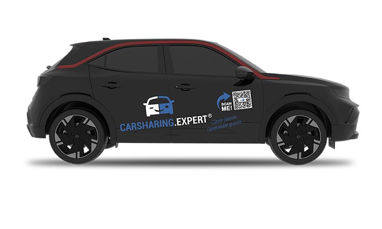 e-Carsharing - e-Auto in Schwarz mit Beklebung Carsharing.Expert und QR-Code